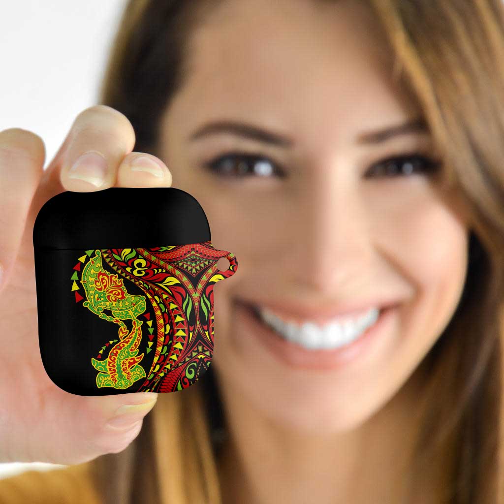 Hawaiian Manta Ray and Hammerhead Shark Tribal Tattoo AirPods Case with Polynesian Tribal Pattern Kanaka Maoli Flag Color