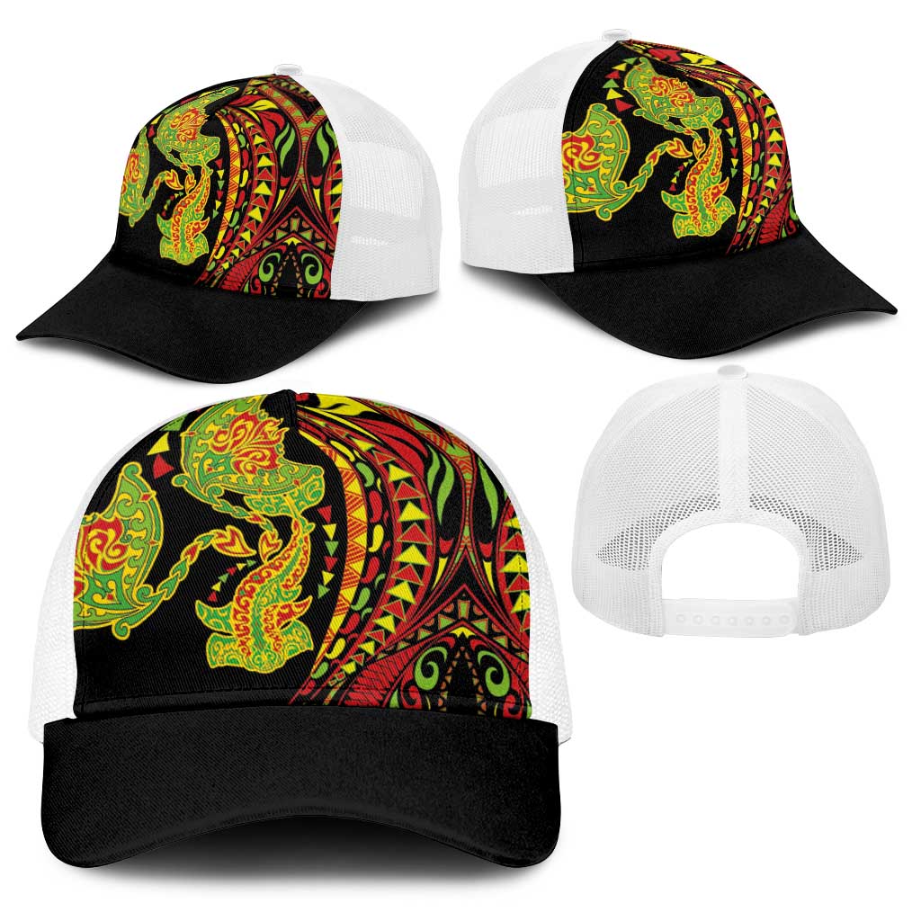 Hawaiian Manta Ray and Hammerhead Shark Tribal Tattoo Baseball Net Cap with Polynesian Tribal Pattern Kanaka Maoli Flag Color LT03 - Polynesian Pride