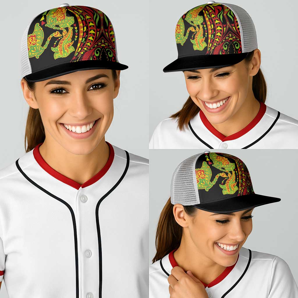 Hawaiian Manta Ray and Hammerhead Shark Tribal Tattoo Baseball Net Cap with Polynesian Tribal Pattern Kanaka Maoli Flag Color LT03 - Polynesian Pride