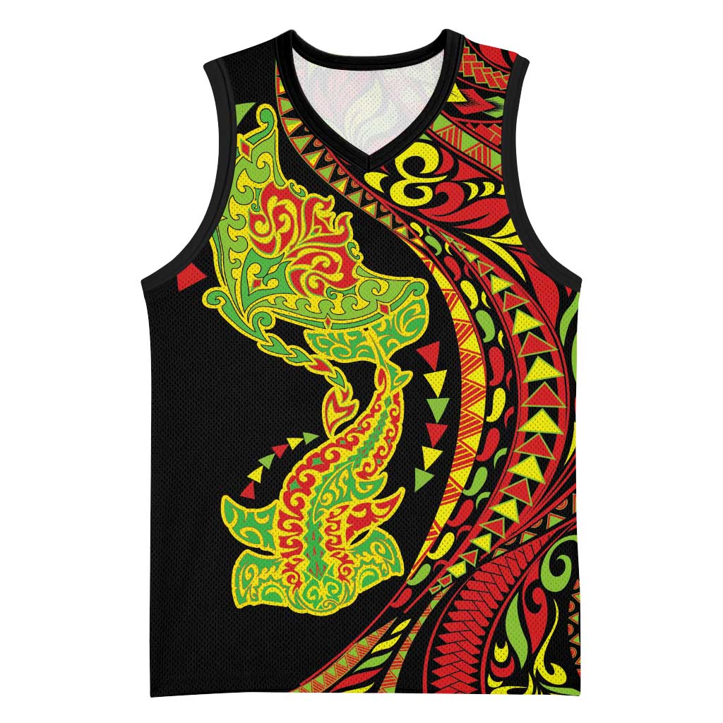 Hawaiian Manta Ray and Hammerhead Shark Tribal Tattoo Basketball Jersey with Polynesian Tribal Pattern Kanaka Maoli Flag Color