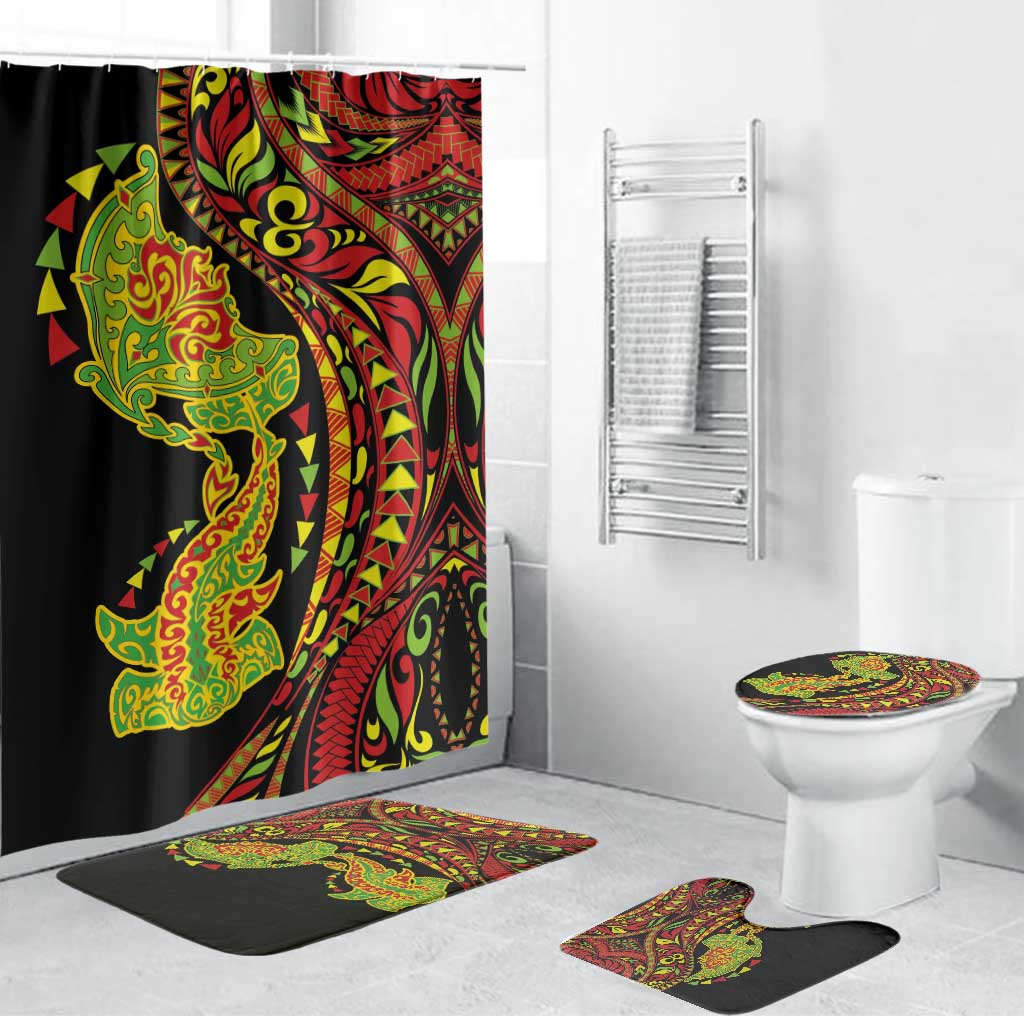 Hawaiian Manta Ray and Hammerhead Shark Tribal Tattoo Bathroom Set with Polynesian Tribal Pattern Kanaka Maoli Flag Color LT03 Bathroom Set (4 pcs) Multicolor - Polynesian Pride