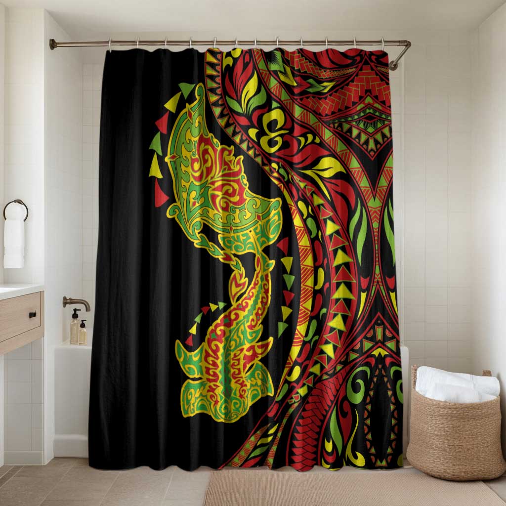 Hawaiian Manta Ray and Hammerhead Shark Tribal Tattoo Bathroom Set with Polynesian Tribal Pattern Kanaka Maoli Flag Color LT03 Shower Curtain Only Multicolor - Polynesian Pride