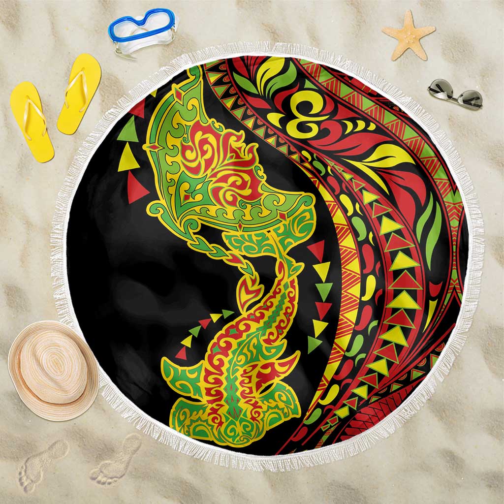 Hawaiian Manta Ray and Hammerhead Shark Tribal Tattoo Beach Blanket with Polynesian Tribal Pattern Kanaka Maoli Flag Color LT03 One Size 150cm Multicolor - Polynesian Pride
