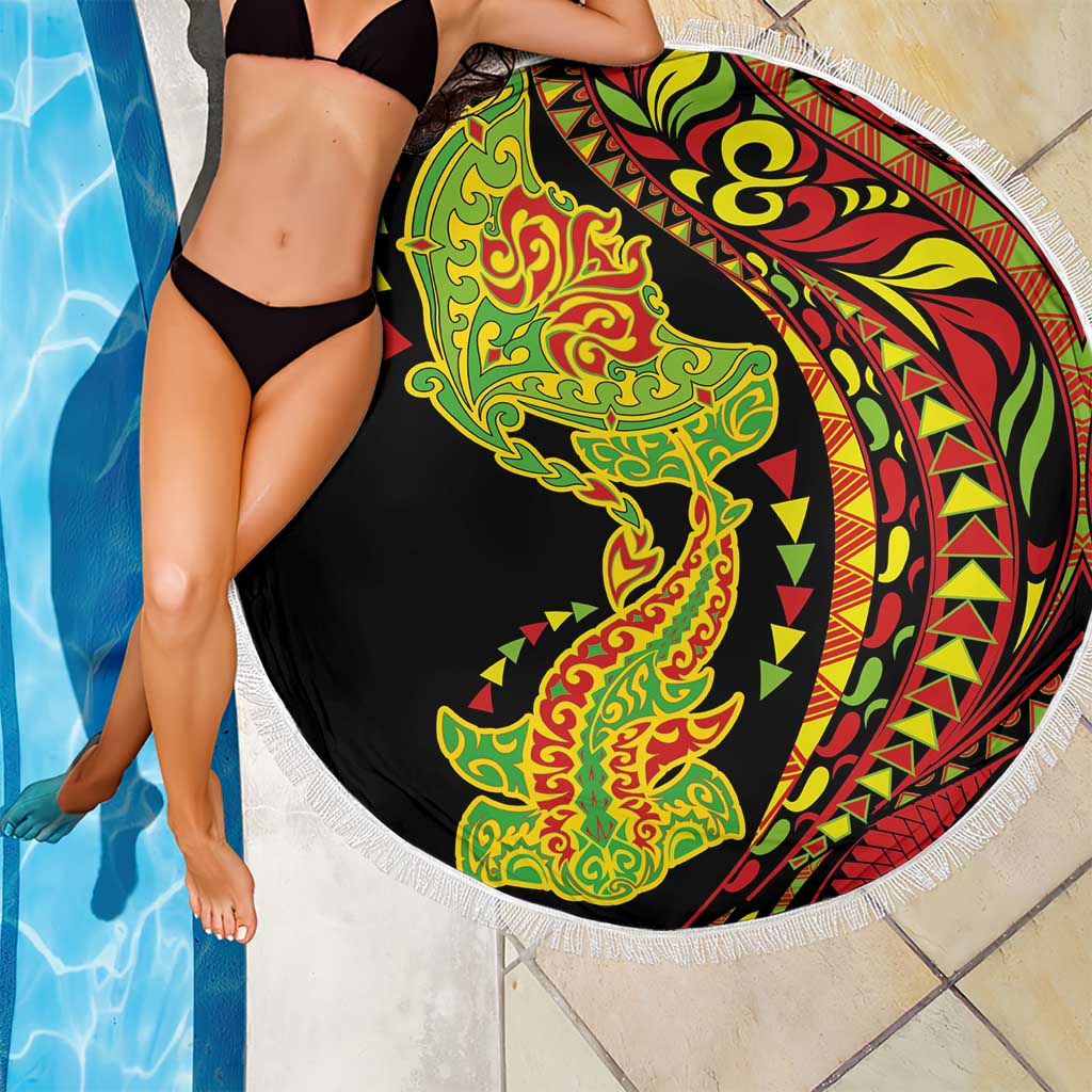 Hawaiian Manta Ray and Hammerhead Shark Tribal Tattoo Beach Blanket with Polynesian Tribal Pattern Kanaka Maoli Flag Color LT03 - Polynesian Pride