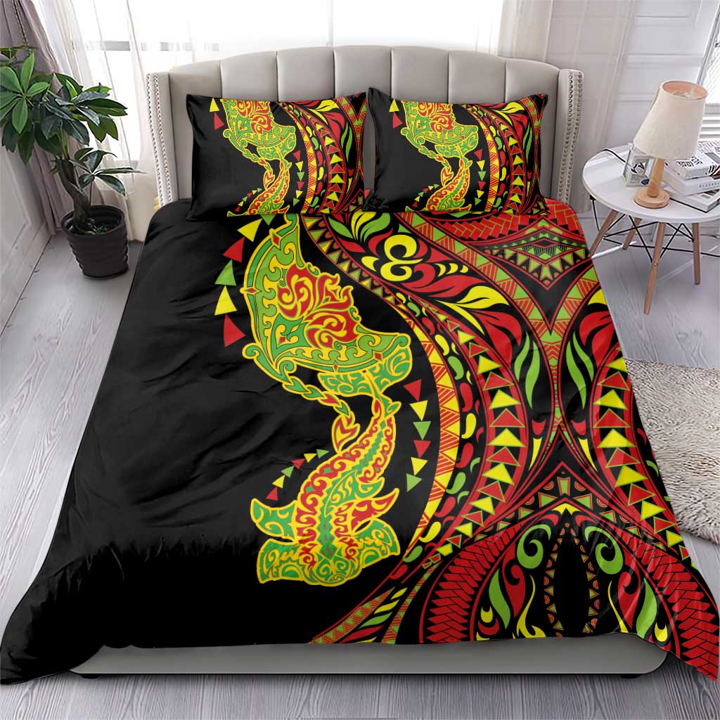 Hawaiian Manta Ray and Hammerhead Shark Tribal Tattoo Bedding Set with Polynesian Tribal Pattern Kanaka Maoli Flag Color LT03 - Polynesian Pride