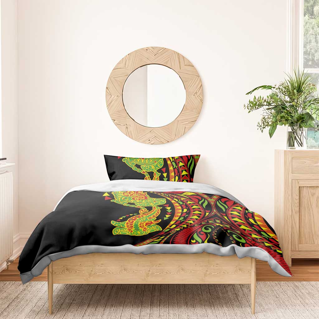 Hawaiian Manta Ray and Hammerhead Shark Tribal Tattoo Bedding Set with Polynesian Tribal Pattern Kanaka Maoli Flag Color LT03 - Polynesian Pride