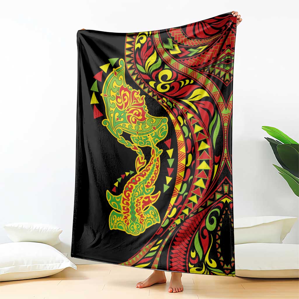 Hawaiian Manta Ray and Hammerhead Shark Tribal Tattoo Blanket with Polynesian Tribal Pattern Kanaka Maoli Flag Color LT03 - Polynesian Pride