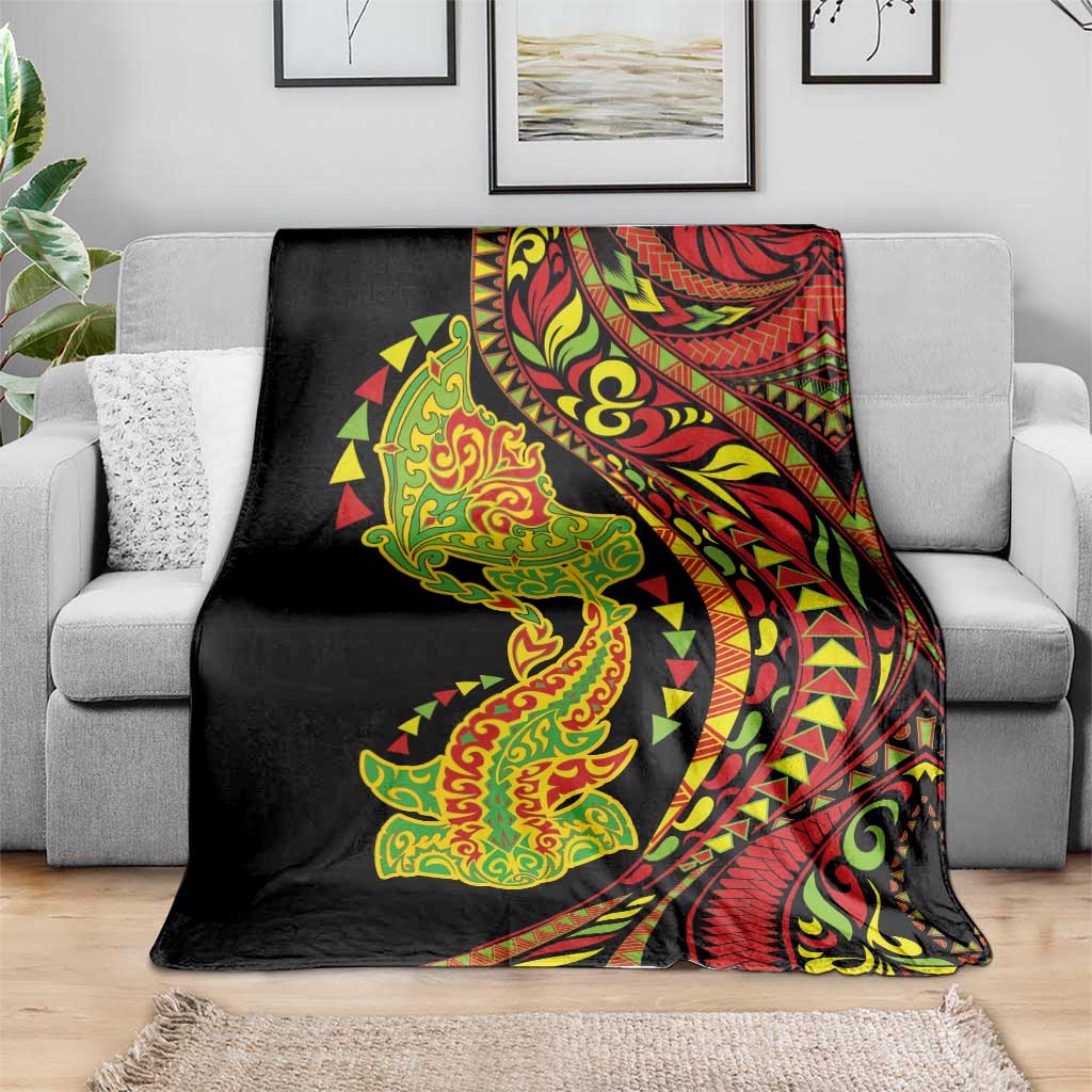Hawaiian Manta Ray and Hammerhead Shark Tribal Tattoo Blanket with Polynesian Tribal Pattern Kanaka Maoli Flag Color LT03 - Polynesian Pride