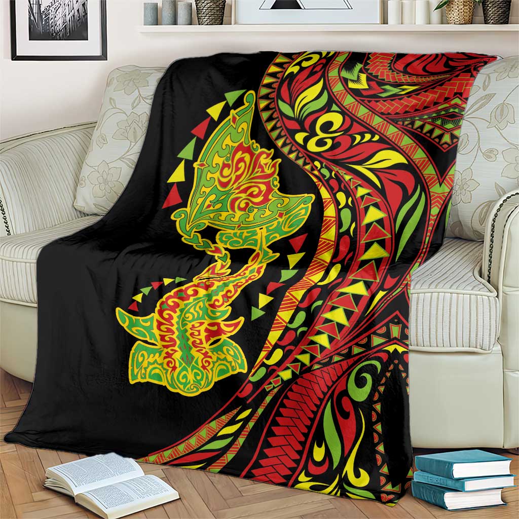 Hawaiian Manta Ray and Hammerhead Shark Tribal Tattoo Blanket with Polynesian Tribal Pattern Kanaka Maoli Flag Color LT03 - Polynesian Pride