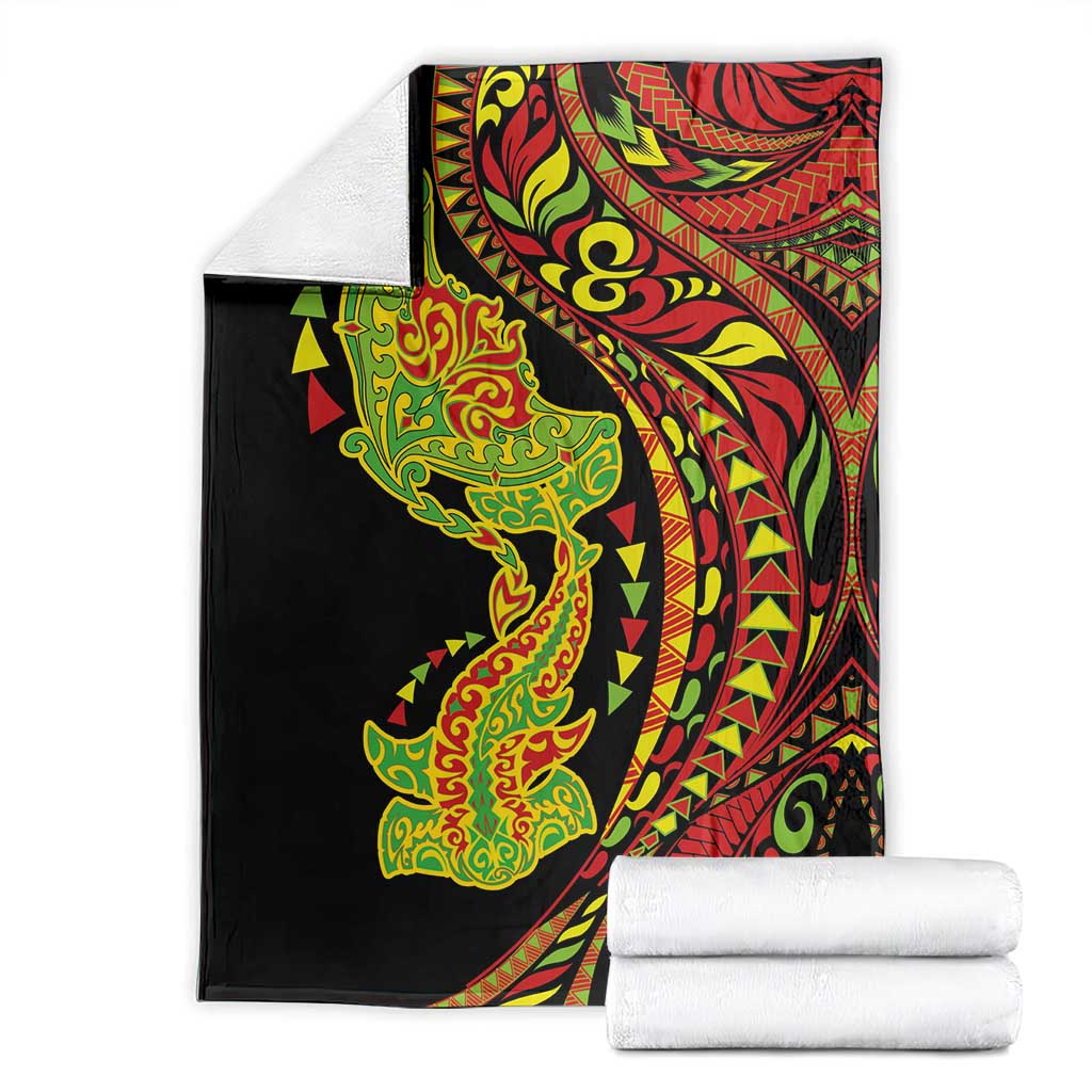 Hawaiian Manta Ray and Hammerhead Shark Tribal Tattoo Blanket with Polynesian Tribal Pattern Kanaka Maoli Flag Color LT03 - Polynesian Pride