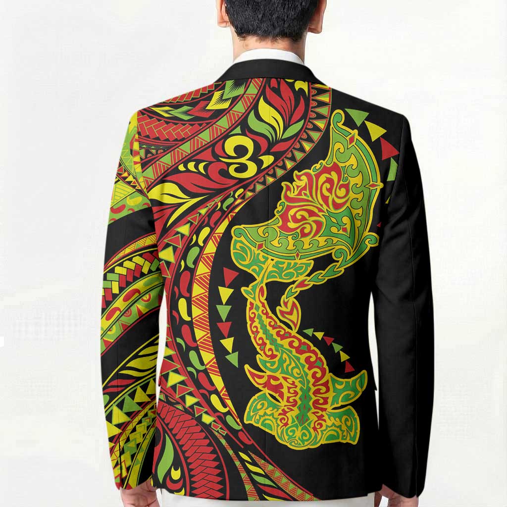 Hawaiian Manta Ray and Hammerhead Shark Tribal Tattoo Blazer with Polynesian Tribal Pattern Kanaka Maoli Flag Color LT03 - Polynesian Pride