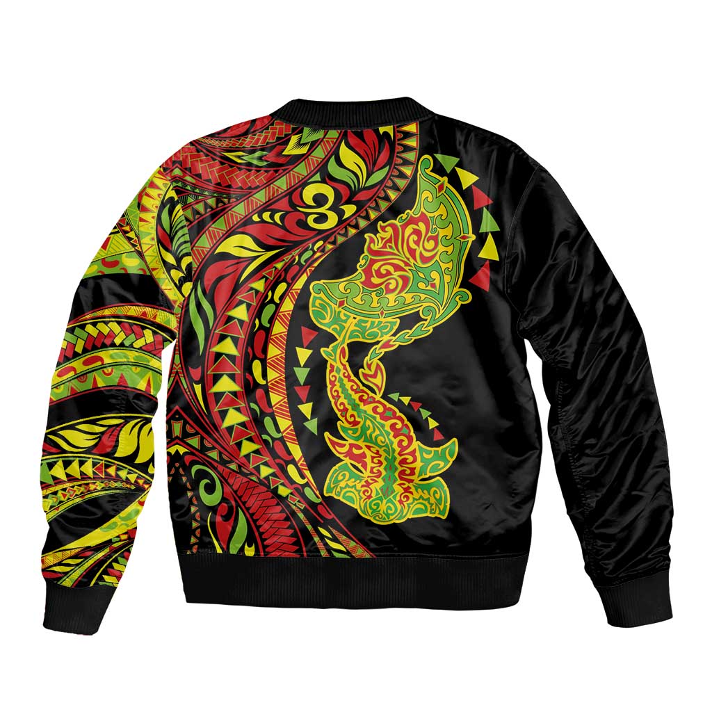 Hawaiian Manta Ray and Hammerhead Shark Tribal Tattoo Bomber Jacket with Polynesian Tribal Pattern Kanaka Maoli Flag Color LT03 - Polynesian Pride