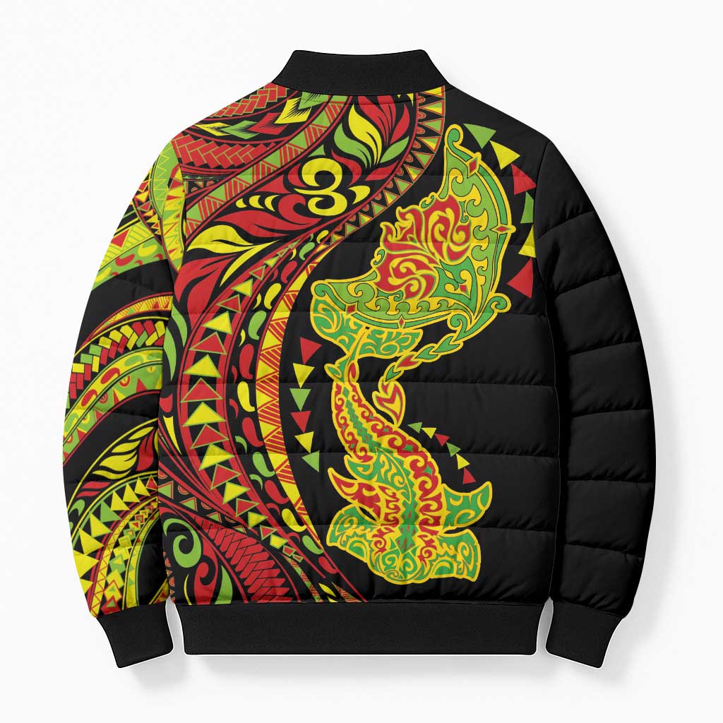 Hawaiian Manta Ray and Hammerhead Shark Tribal Tattoo Bomber Puffer Jacket with Polynesian Tribal Pattern Kanaka Maoli Flag Color LT03 - Polynesian Pride