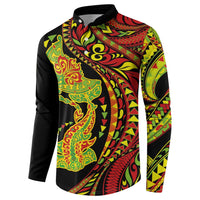 Hawaiian Manta Ray and Hammerhead Shark Tribal Tattoo Button Sweatshirt with Polynesian Tribal Pattern Kanaka Maoli Flag Color LT03 - Polynesian Pride