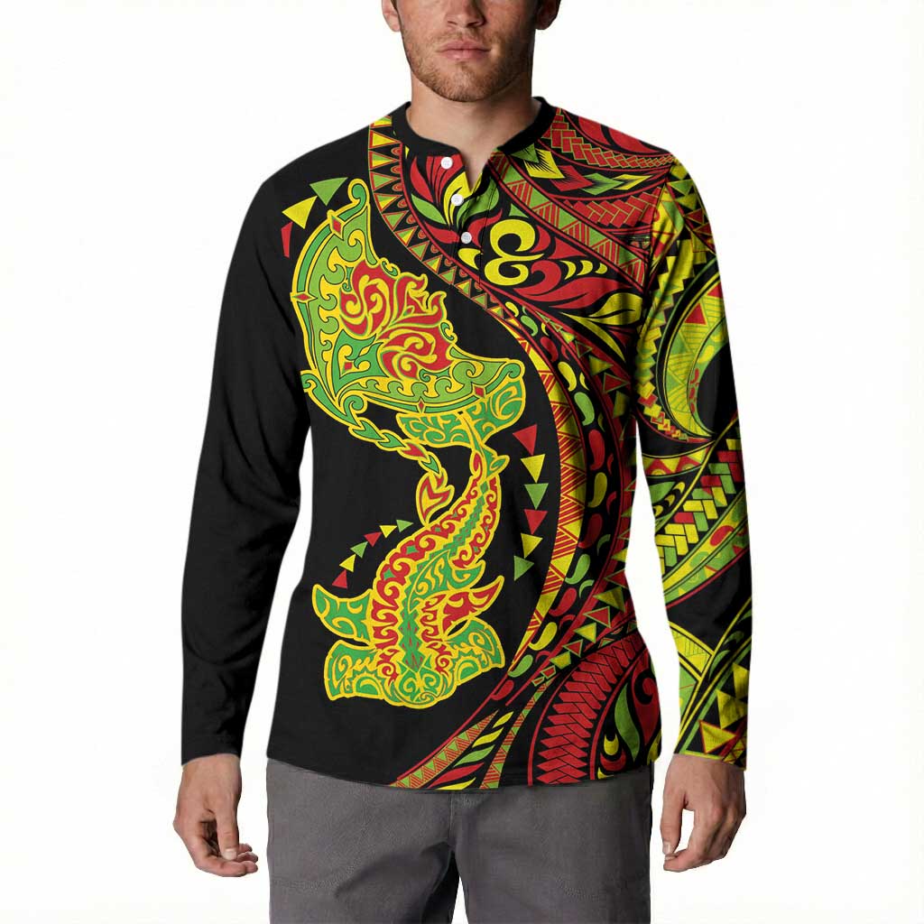 Hawaiian Manta Ray and Hammerhead Shark Tribal Tattoo Button Sweatshirt with Polynesian Tribal Pattern Kanaka Maoli Flag Color LT03 - Polynesian Pride