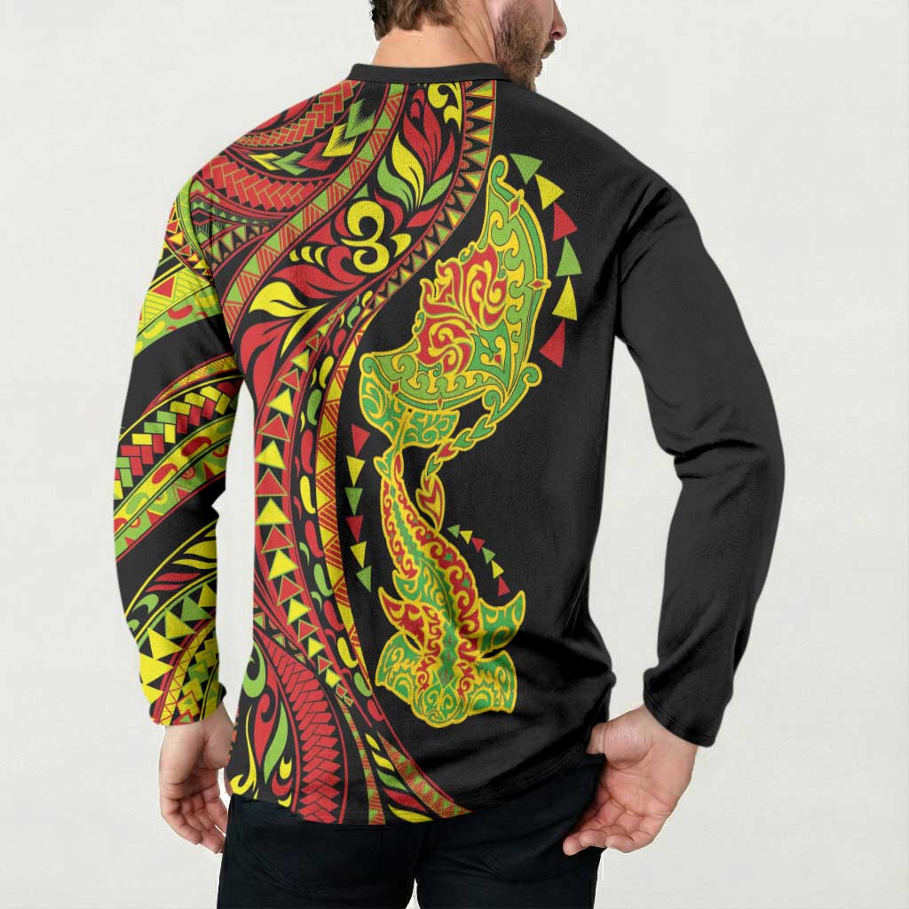 Hawaiian Manta Ray and Hammerhead Shark Tribal Tattoo Button Sweatshirt with Polynesian Tribal Pattern Kanaka Maoli Flag Color LT03 - Polynesian Pride