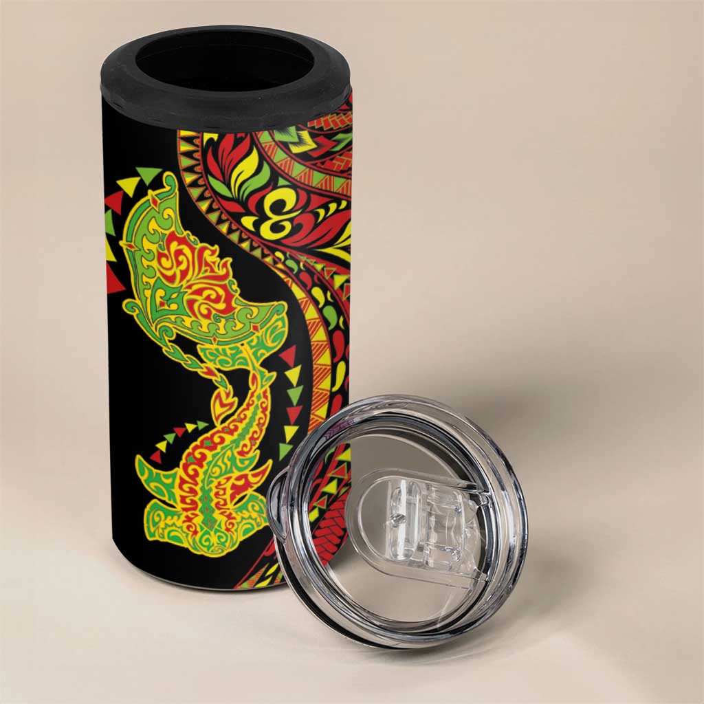 Hawaiian Manta Ray and Hammerhead Shark Tribal Tattoo 4 in 1 Can Cooler Tumbler with Polynesian Tribal Pattern Kanaka Maoli Flag Color LT03 - Polynesian Pride