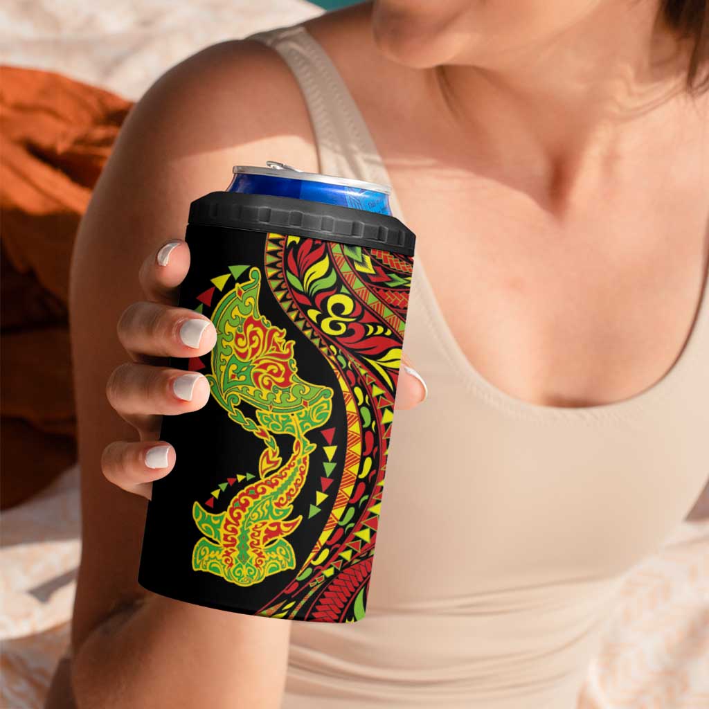 Hawaiian Manta Ray and Hammerhead Shark Tribal Tattoo 4 in 1 Can Cooler Tumbler with Polynesian Tribal Pattern Kanaka Maoli Flag Color LT03 - Polynesian Pride