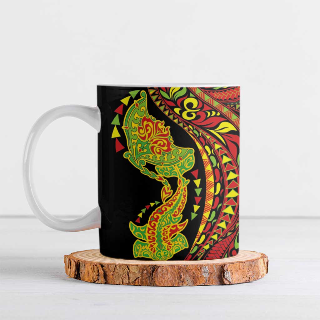 Hawaiian Manta Ray and Hammerhead Shark Tribal Tattoo Ceramic Mug with Polynesian Tribal Pattern Kanaka Maoli Flag Color LT03 Multicolor - Polynesian Pride