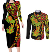Hawaiian Manta Ray and Hammerhead Shark Tribal Tattoo Couples Matching Long Sleeve Bodycon Dress and Long Sleeve Button Shirt with Polynesian Tribal Pattern Kanaka Maoli Flag Color LT03 Multicolor - Polynesian Pride