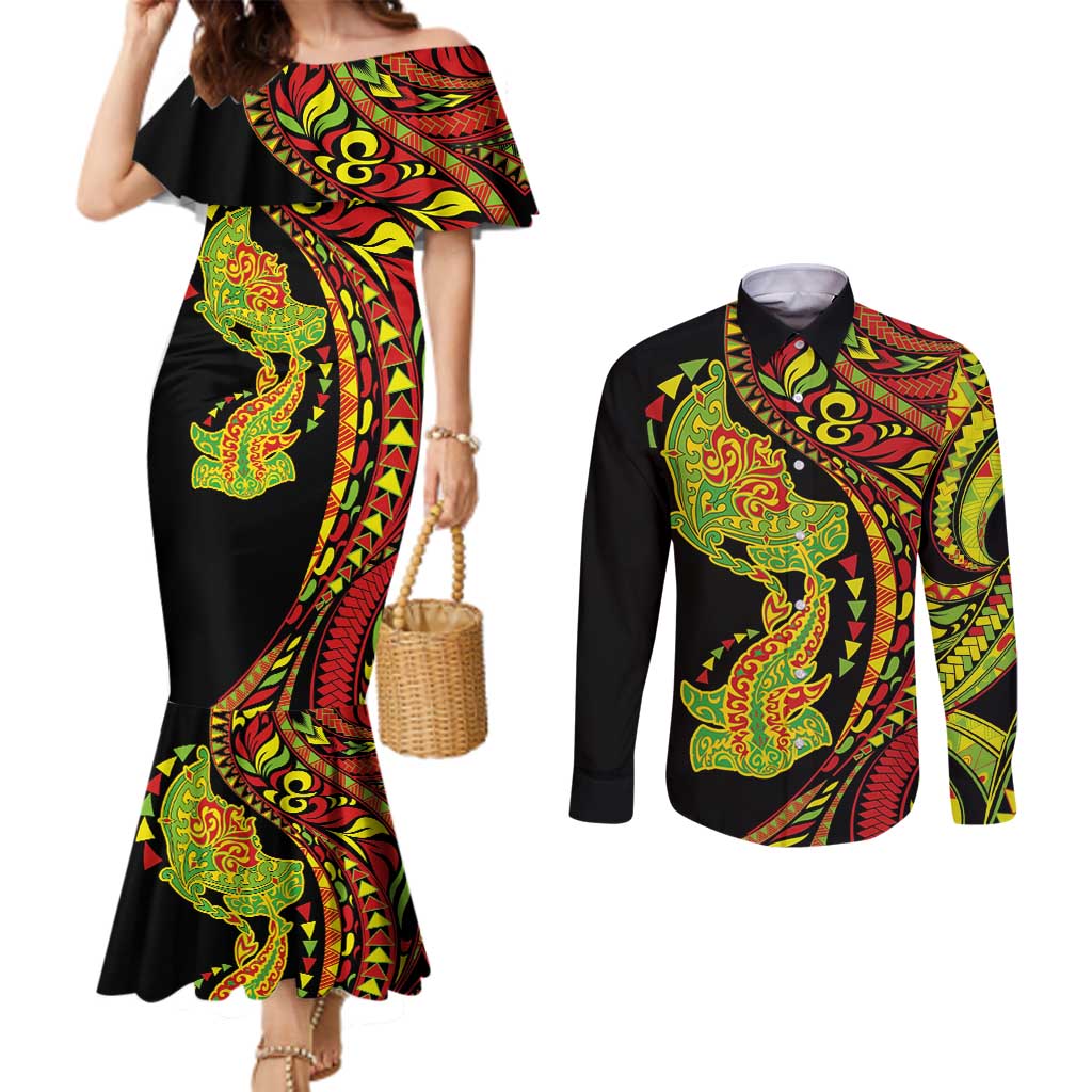 Hawaiian Manta Ray and Hammerhead Shark Tribal Tattoo Couples Matching Mermaid Dress and Long Sleeve Button Shirt with Polynesian Tribal Pattern Kanaka Maoli Flag Color LT03 Multicolor - Polynesian Pride