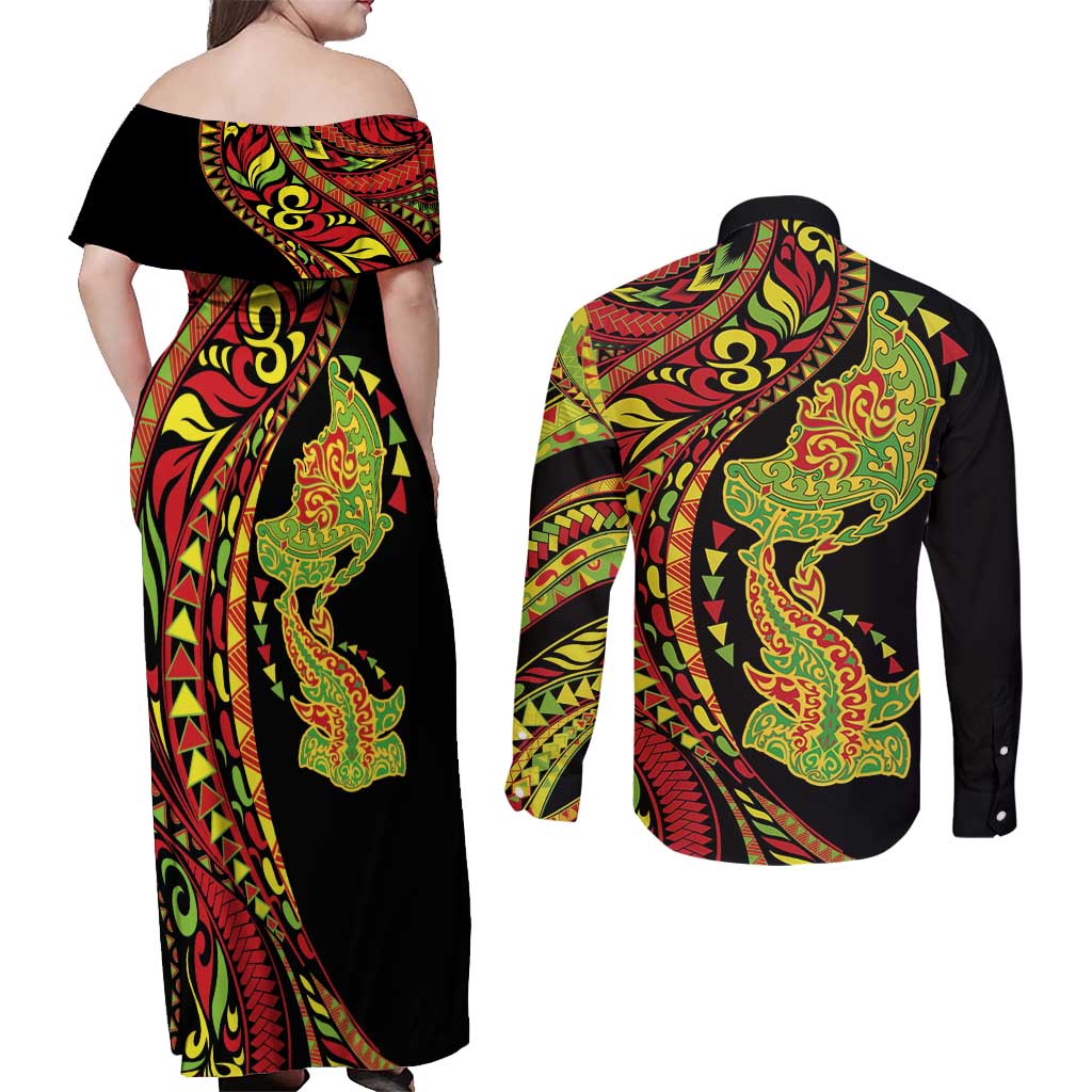 Hawaiian Manta Ray and Hammerhead Shark Tribal Tattoo Couples Matching Off Shoulder Maxi Dress and Long Sleeve Button Shirt with Polynesian Tribal Pattern Kanaka Maoli Flag Color LT03 - Polynesian Pride