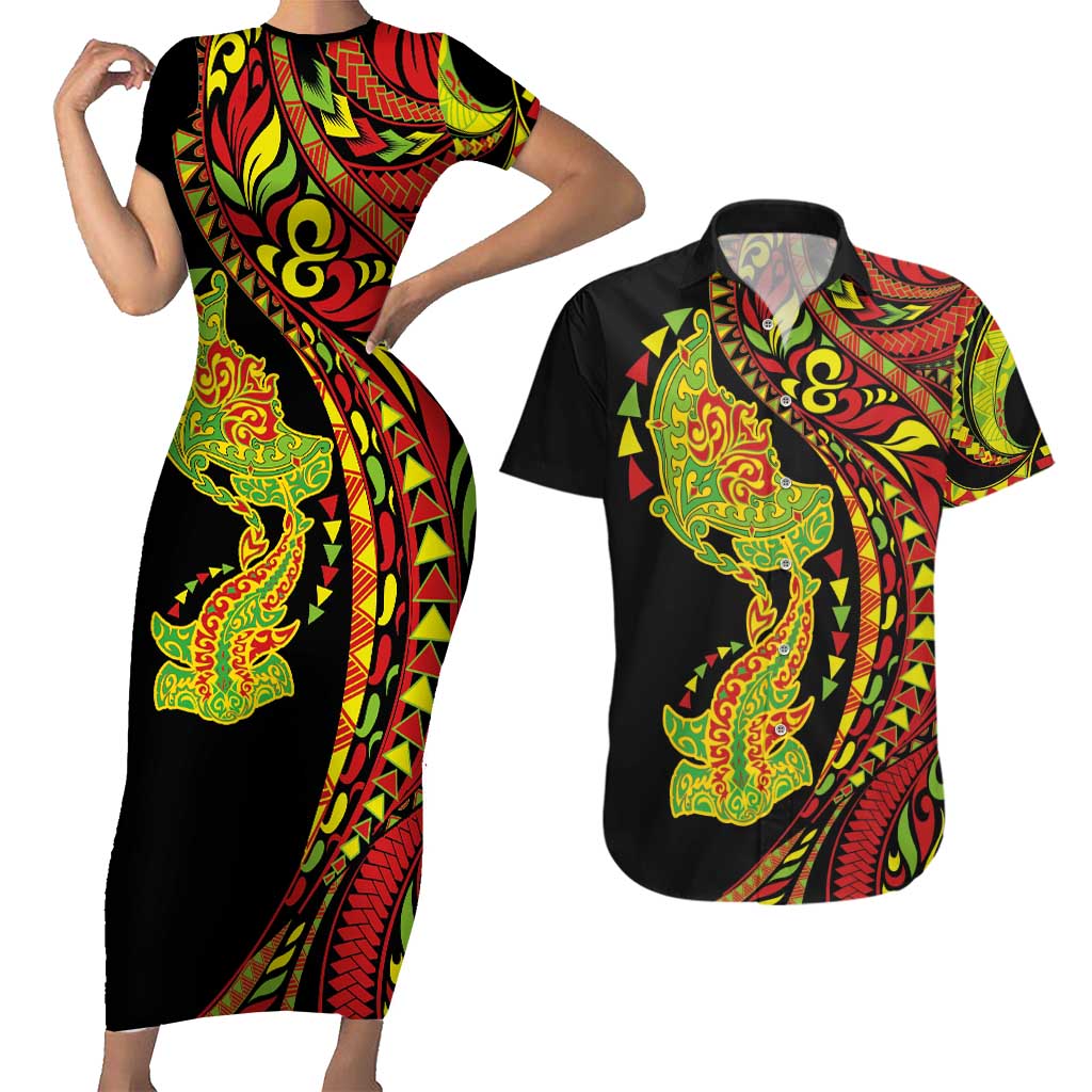 Hawaiian Manta Ray and Hammerhead Shark Tribal Tattoo Couples Matching Short Sleeve Bodycon Dress and Hawaiian Shirt with Polynesian Tribal Pattern Kanaka Maoli Flag Color