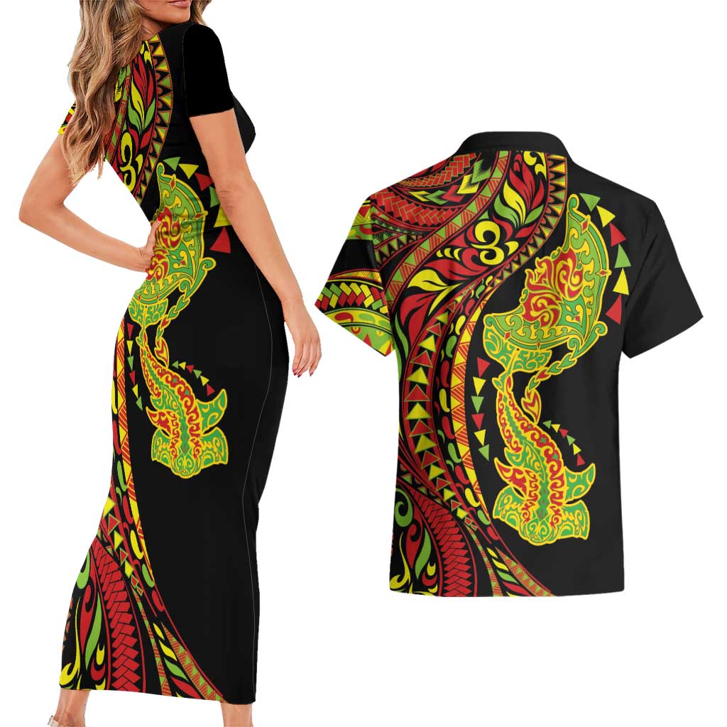 Hawaiian Manta Ray and Hammerhead Shark Tribal Tattoo Couples Matching Short Sleeve Bodycon Dress and Hawaiian Shirt with Polynesian Tribal Pattern Kanaka Maoli Flag Color LT03 - Polynesian Pride