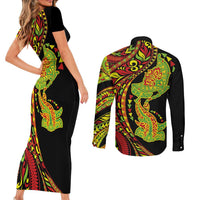 Hawaiian Manta Ray and Hammerhead Shark Tribal Tattoo Couples Matching Short Sleeve Bodycon Dress and Long Sleeve Button Shirt with Polynesian Tribal Pattern Kanaka Maoli Flag Color LT03 - Polynesian Pride