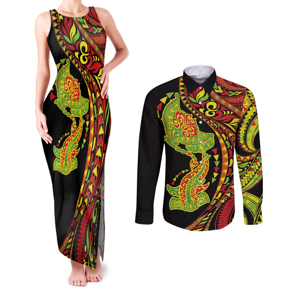 Hawaiian Manta Ray and Hammerhead Shark Tribal Tattoo Couples Matching Tank Maxi Dress and Long Sleeve Button Shirt with Polynesian Tribal Pattern Kanaka Maoli Flag Color
