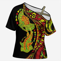 Hawaiian Manta Ray and Hammerhead Shark Tribal Tattoo Cross Shoulder Shirt with Polynesian Tribal Pattern Kanaka Maoli Flag Color