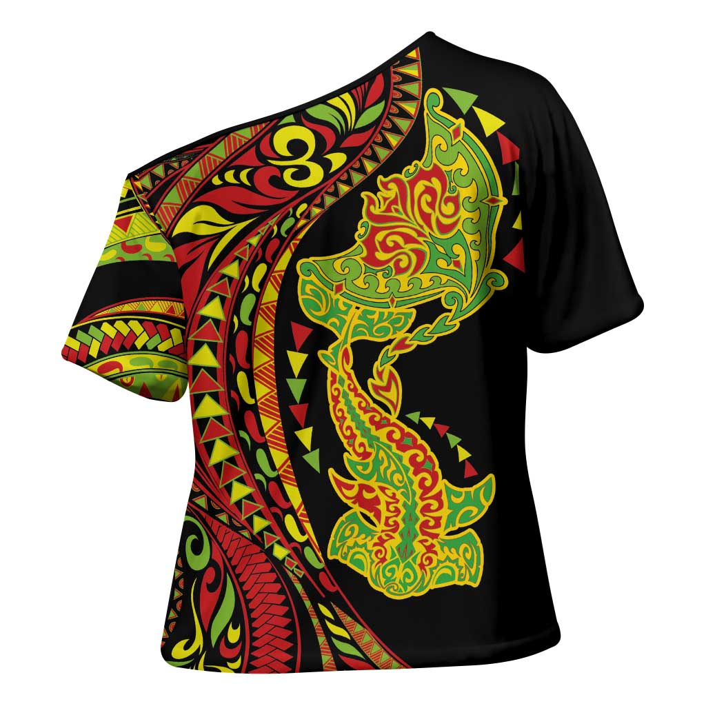 Hawaiian Manta Ray and Hammerhead Shark Tribal Tattoo Cross Shoulder Shirt with Polynesian Tribal Pattern Kanaka Maoli Flag Color