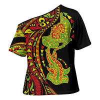 Hawaiian Manta Ray and Hammerhead Shark Tribal Tattoo Cross Shoulder Shirt with Polynesian Tribal Pattern Kanaka Maoli Flag Color