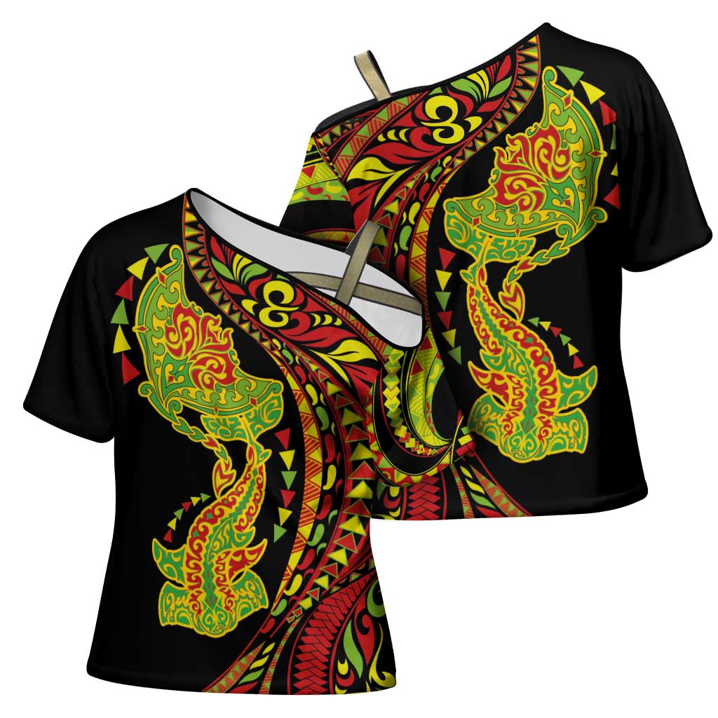 Hawaiian Manta Ray and Hammerhead Shark Tribal Tattoo Cross Shoulder Shirt with Polynesian Tribal Pattern Kanaka Maoli Flag Color