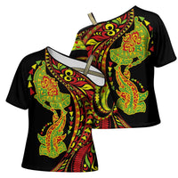 Hawaiian Manta Ray and Hammerhead Shark Tribal Tattoo Cross Shoulder Shirt with Polynesian Tribal Pattern Kanaka Maoli Flag Color