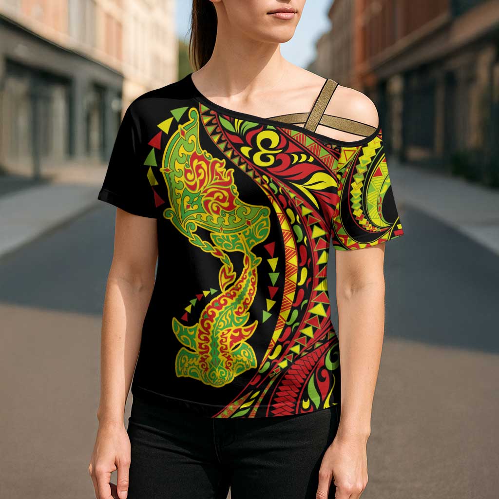 Hawaiian Manta Ray and Hammerhead Shark Tribal Tattoo Cross Shoulder Shirt with Polynesian Tribal Pattern Kanaka Maoli Flag Color