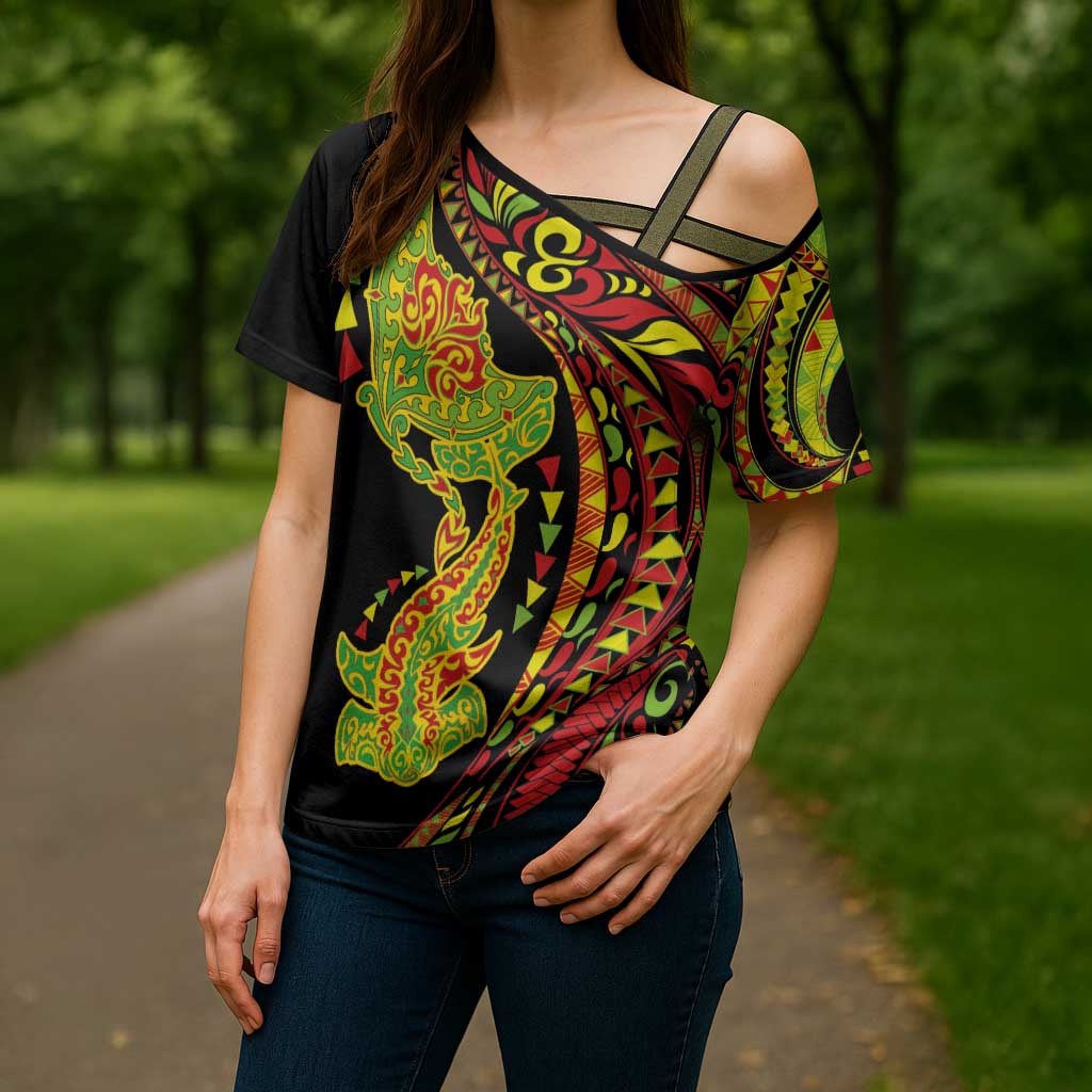 Hawaiian Manta Ray and Hammerhead Shark Tribal Tattoo Cross Shoulder Shirt with Polynesian Tribal Pattern Kanaka Maoli Flag Color