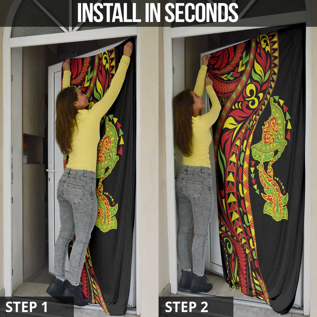 Hawaiian Manta Ray and Hammerhead Shark Tribal Tattoo Door Cover with Polynesian Tribal Pattern Kanaka Maoli Flag Color