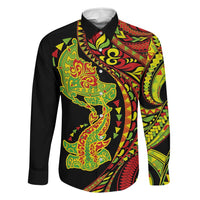 Hawaiian Manta Ray and Hammerhead Shark Tribal Tattoo Family Matching Long Sleeve Bodycon Dress and Hawaiian Shirt with Polynesian Tribal Pattern Kanaka Maoli Flag Color LT03 Dad's Shirt - Long Sleeve Multicolor - Polynesian Pride