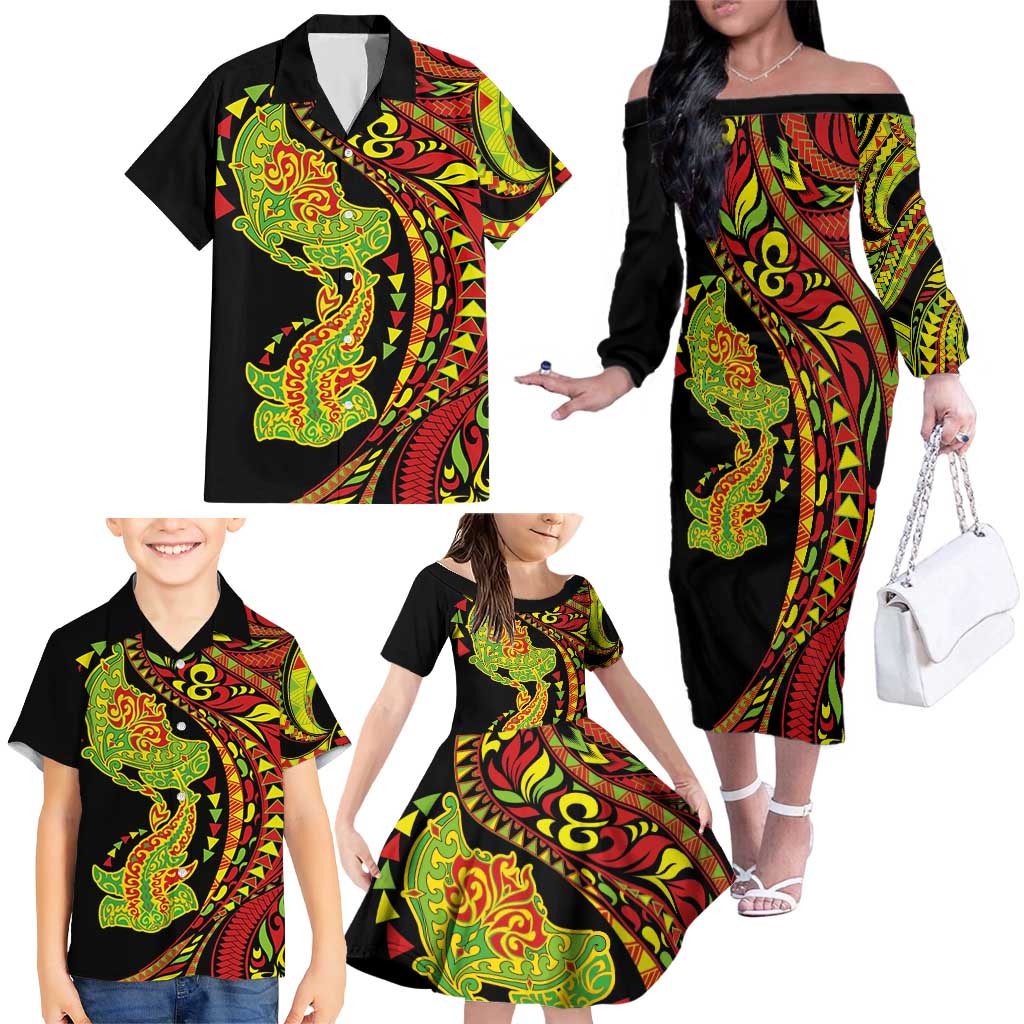Hawaiian Manta Ray and Hammerhead Shark Tribal Tattoo Family Matching Off The Shoulder Long Sleeve Dress and Hawaiian Shirt with Polynesian Tribal Pattern Kanaka Maoli Flag Color