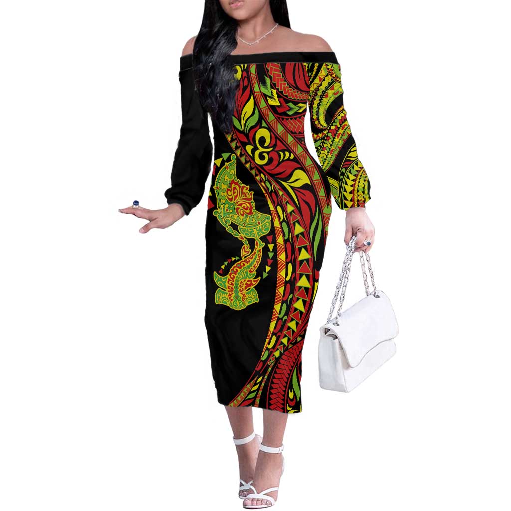 Hawaiian Manta Ray and Hammerhead Shark Tribal Tattoo Family Matching Off The Shoulder Long Sleeve Dress and Hawaiian Shirt with Polynesian Tribal Pattern Kanaka Maoli Flag Color LT03 Mom's Dress Multicolor - Polynesian Pride
