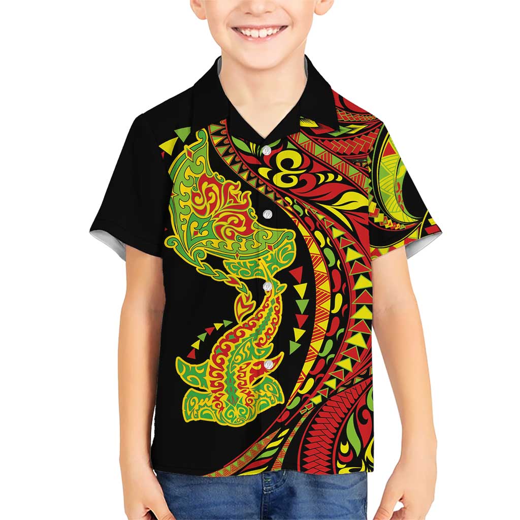 Hawaiian Manta Ray and Hammerhead Shark Tribal Tattoo Family Matching Off The Shoulder Long Sleeve Dress and Hawaiian Shirt with Polynesian Tribal Pattern Kanaka Maoli Flag Color LT03 Son's Shirt Multicolor - Polynesian Pride
