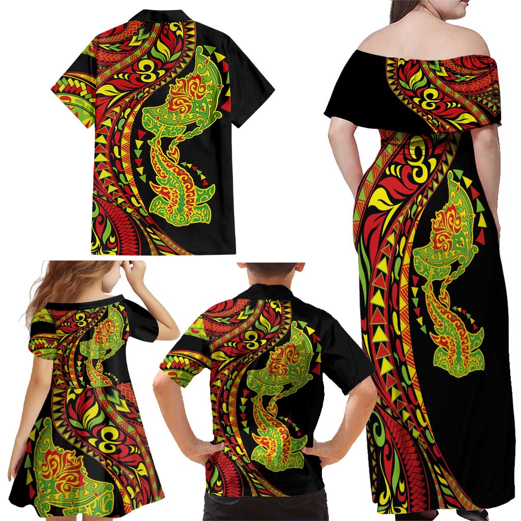 Hawaiian Manta Ray and Hammerhead Shark Tribal Tattoo Family Matching Off Shoulder Maxi Dress and Hawaiian Shirt with Polynesian Tribal Pattern Kanaka Maoli Flag Color LT03 - Polynesian Pride