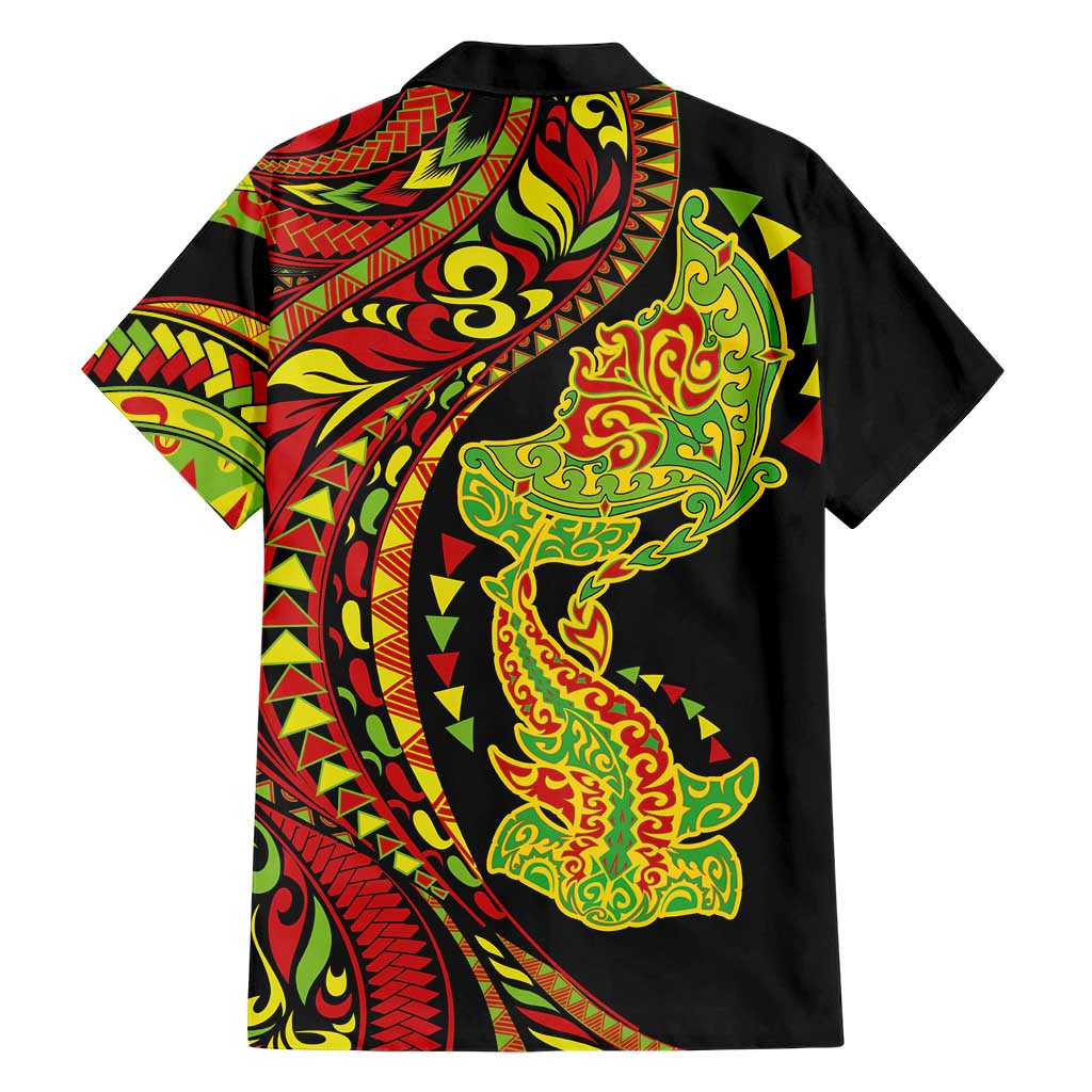 Hawaiian Manta Ray and Hammerhead Shark Tribal Tattoo Family Matching Off Shoulder Maxi Dress and Hawaiian Shirt with Polynesian Tribal Pattern Kanaka Maoli Flag Color LT03 - Polynesian Pride