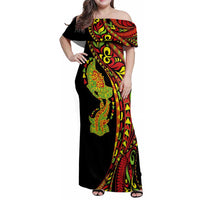 Hawaiian Manta Ray and Hammerhead Shark Tribal Tattoo Family Matching Off Shoulder Maxi Dress and Hawaiian Shirt with Polynesian Tribal Pattern Kanaka Maoli Flag Color LT03 Mom's Dress Multicolor - Polynesian Pride
