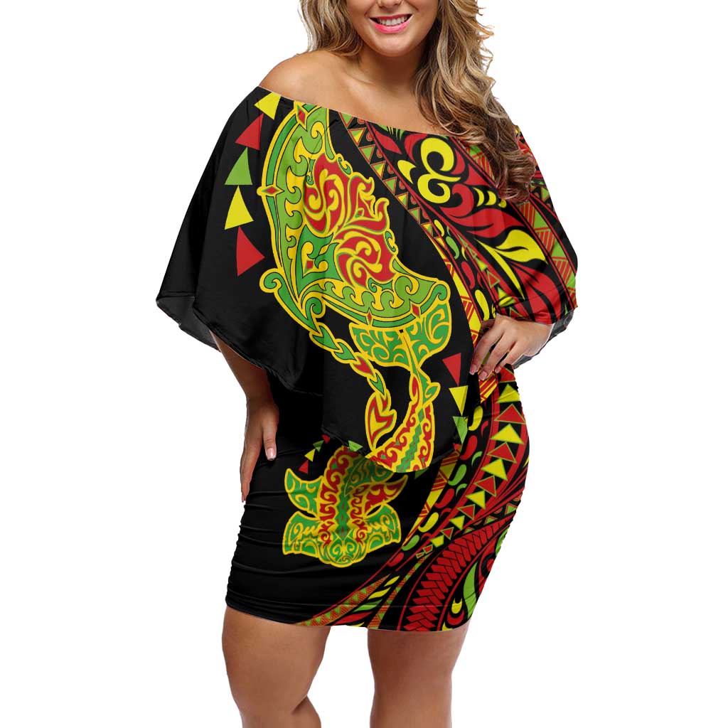 Hawaiian Manta Ray and Hammerhead Shark Tribal Tattoo Family Matching Off Shoulder Short Dress and Hawaiian Shirt with Polynesian Tribal Pattern Kanaka Maoli Flag Color LT03 Mom's Dress Multicolor - Polynesian Pride