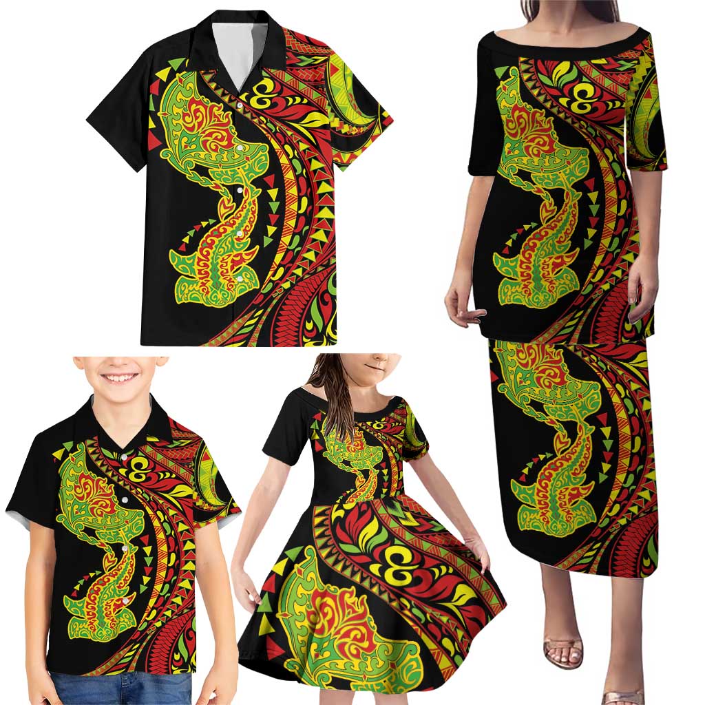 Hawaiian Manta Ray and Hammerhead Shark Tribal Tattoo Family Matching Puletasi and Hawaiian Shirt with Polynesian Tribal Pattern Kanaka Maoli Flag Color LT03 - Polynesian Pride