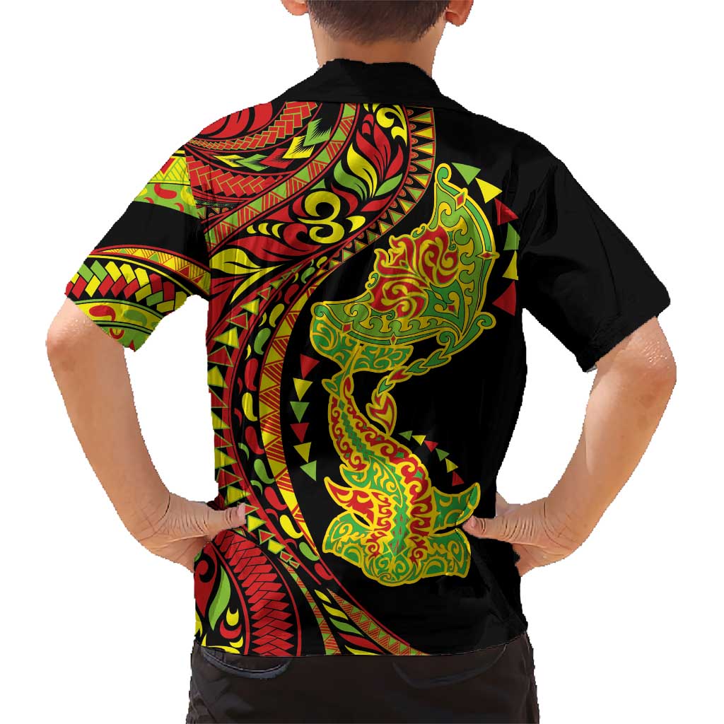 Hawaiian Manta Ray and Hammerhead Shark Tribal Tattoo Family Matching Short Sleeve Bodycon Dress and Hawaiian Shirt with Polynesian Tribal Pattern Kanaka Maoli Flag Color LT03 - Polynesian Pride