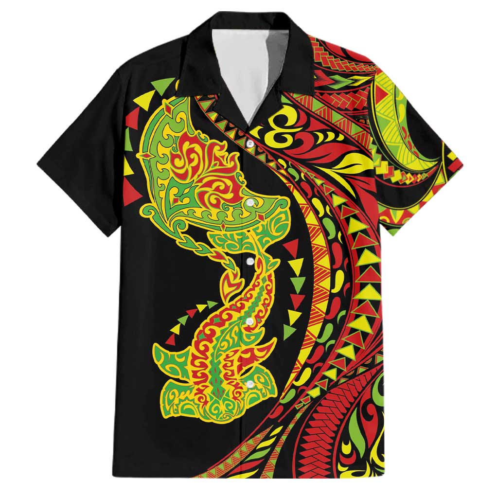 Hawaiian Manta Ray and Hammerhead Shark Tribal Tattoo Family Matching Short Sleeve Bodycon Dress and Hawaiian Shirt with Polynesian Tribal Pattern Kanaka Maoli Flag Color LT03 Dad's Shirt - Short Sleeve Multicolor - Polynesian Pride