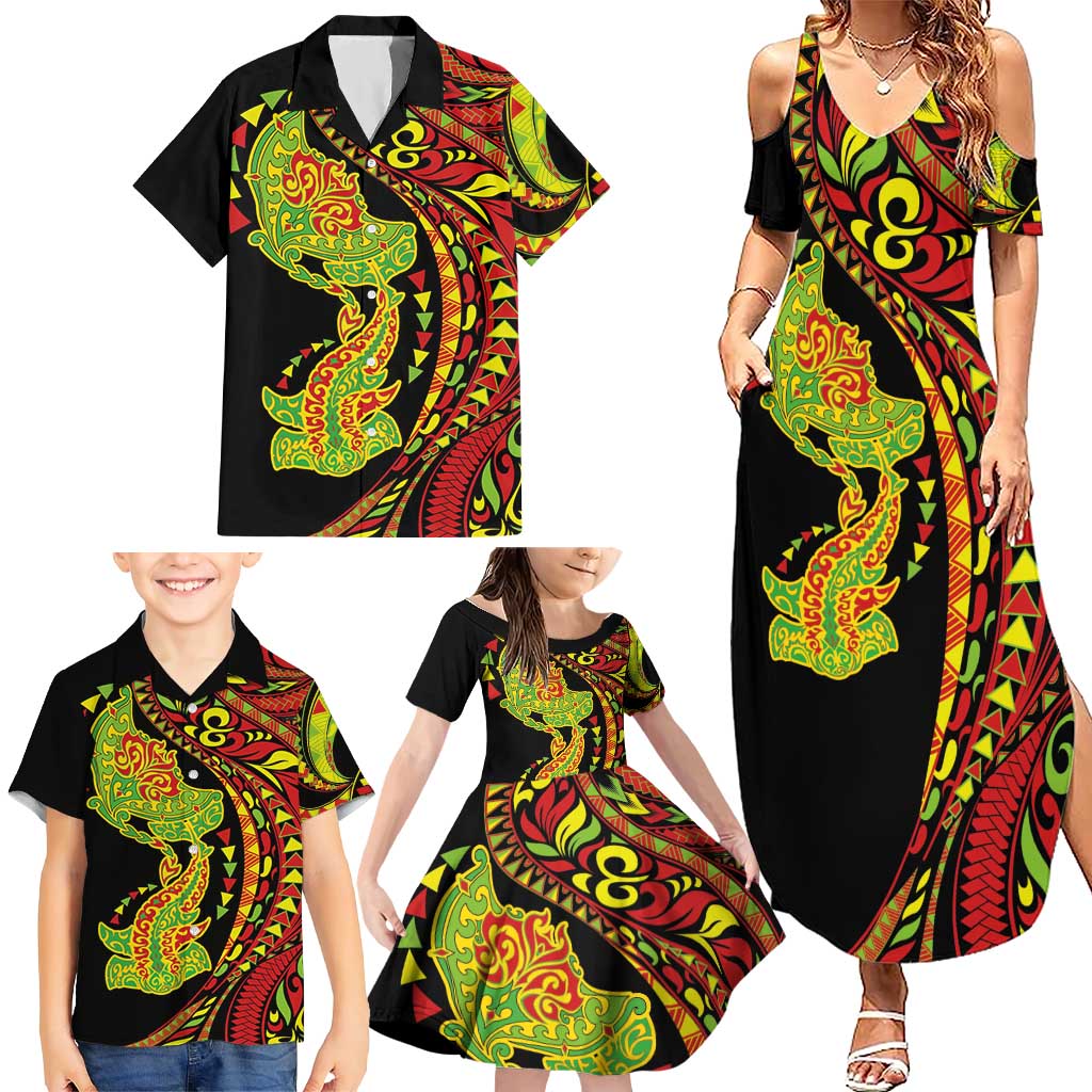 Hawaiian Manta Ray and Hammerhead Shark Tribal Tattoo Family Matching Summer Maxi Dress and Hawaiian Shirt with Polynesian Tribal Pattern Kanaka Maoli Flag Color LT03 - Polynesian Pride